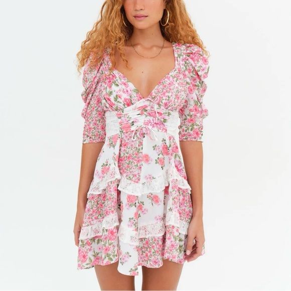 For Love And Lemons Dresses & Skirts - For Love & Lemons Rosalyn Mini Dress Pink & White Floral Sx XS NWT